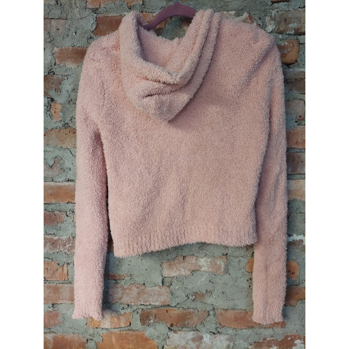 FOREVER 21 Womens Fuzzy Full Zip Hoodie Jacket L Pink Cropped Sherpa