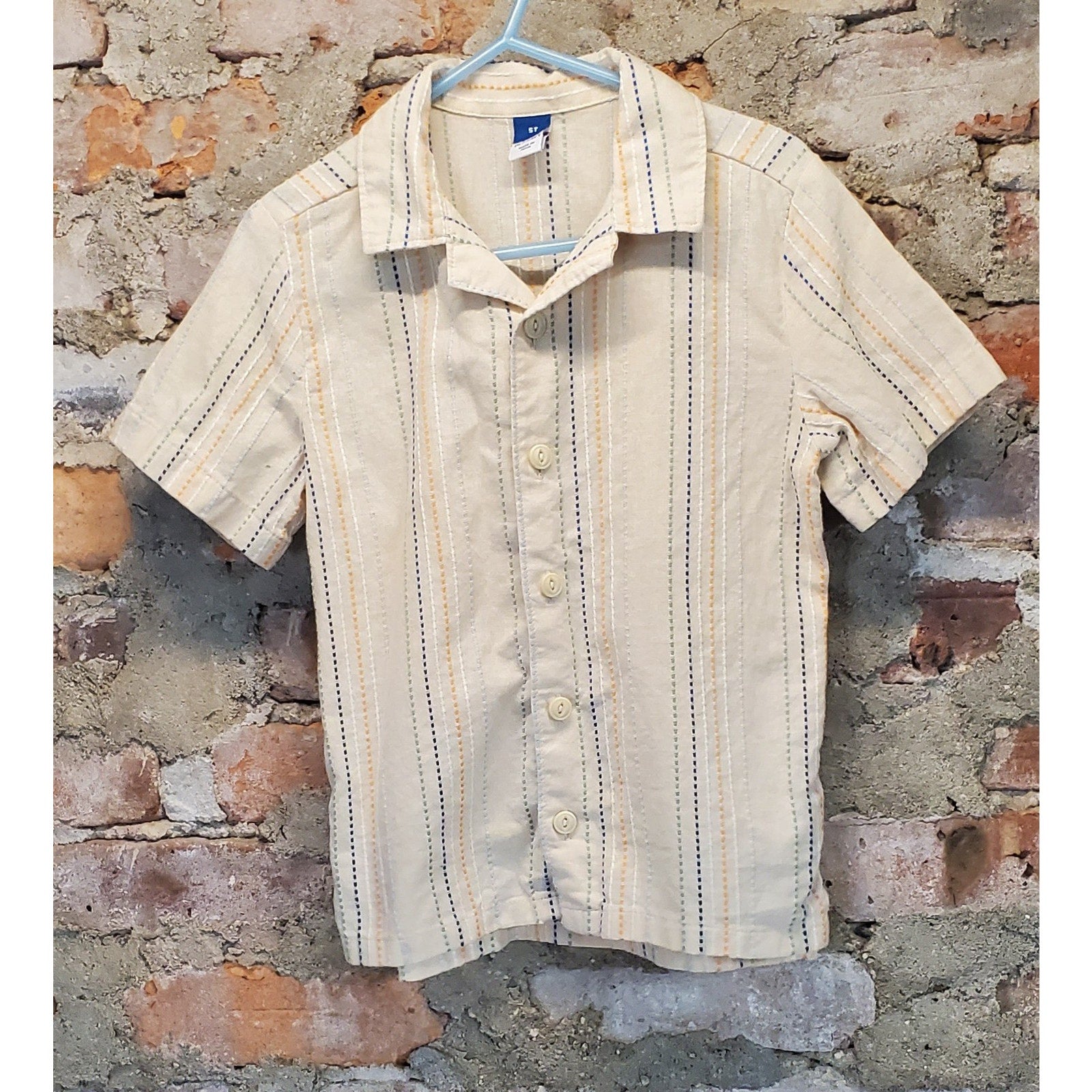 Old Navy Boys Toddler Short Sleeve Button Down Shirt 5T Beige Multicolor Striped