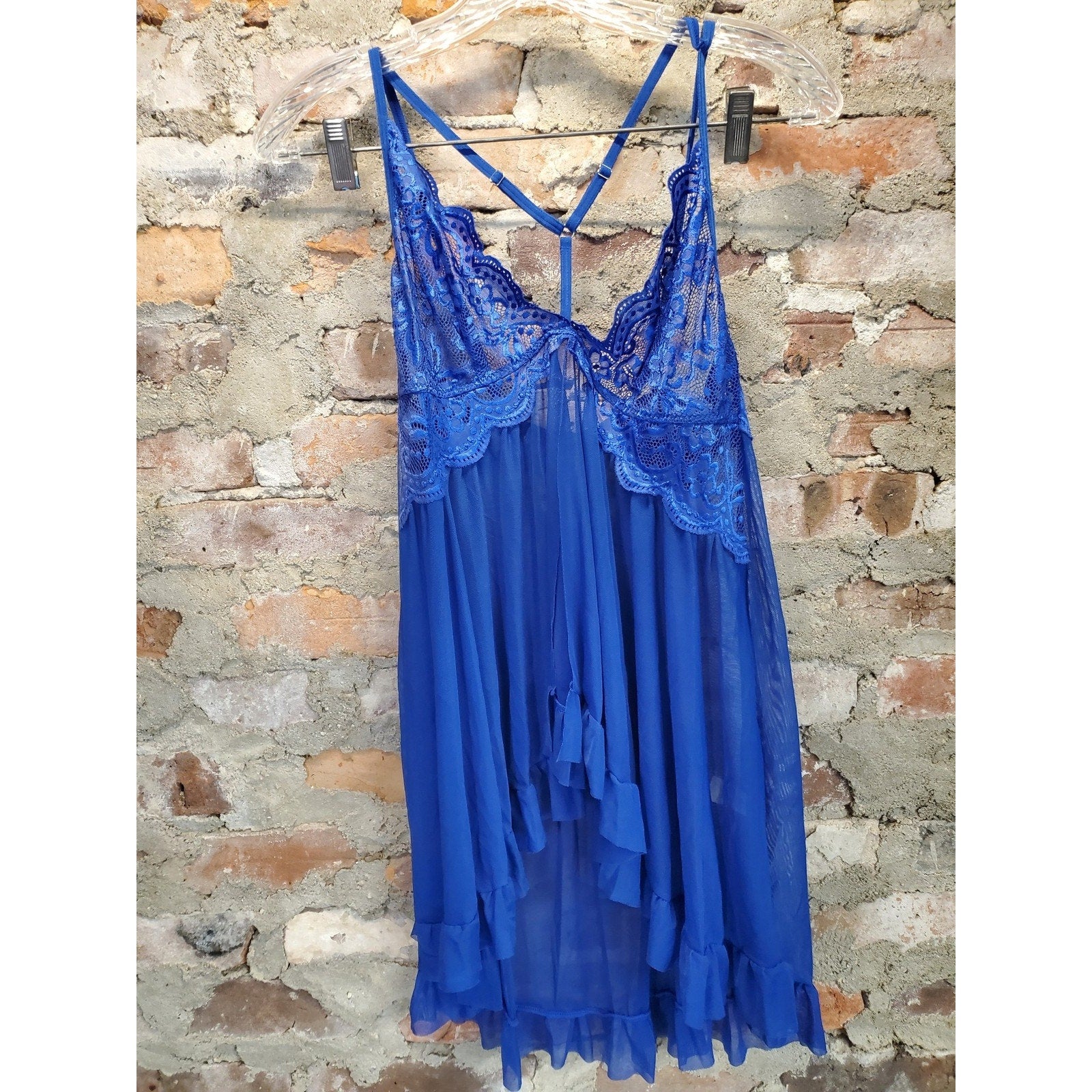 Donnalla Womens Babydoll Lingerie Set M Royal Blue Lace Sheer Nightwear Thong