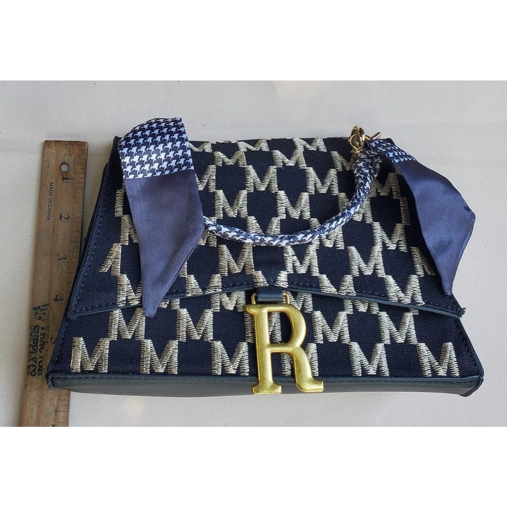 Womens Handbag Satchel Monogram Pattern R Hardware Navy Gold Scarf Detachable