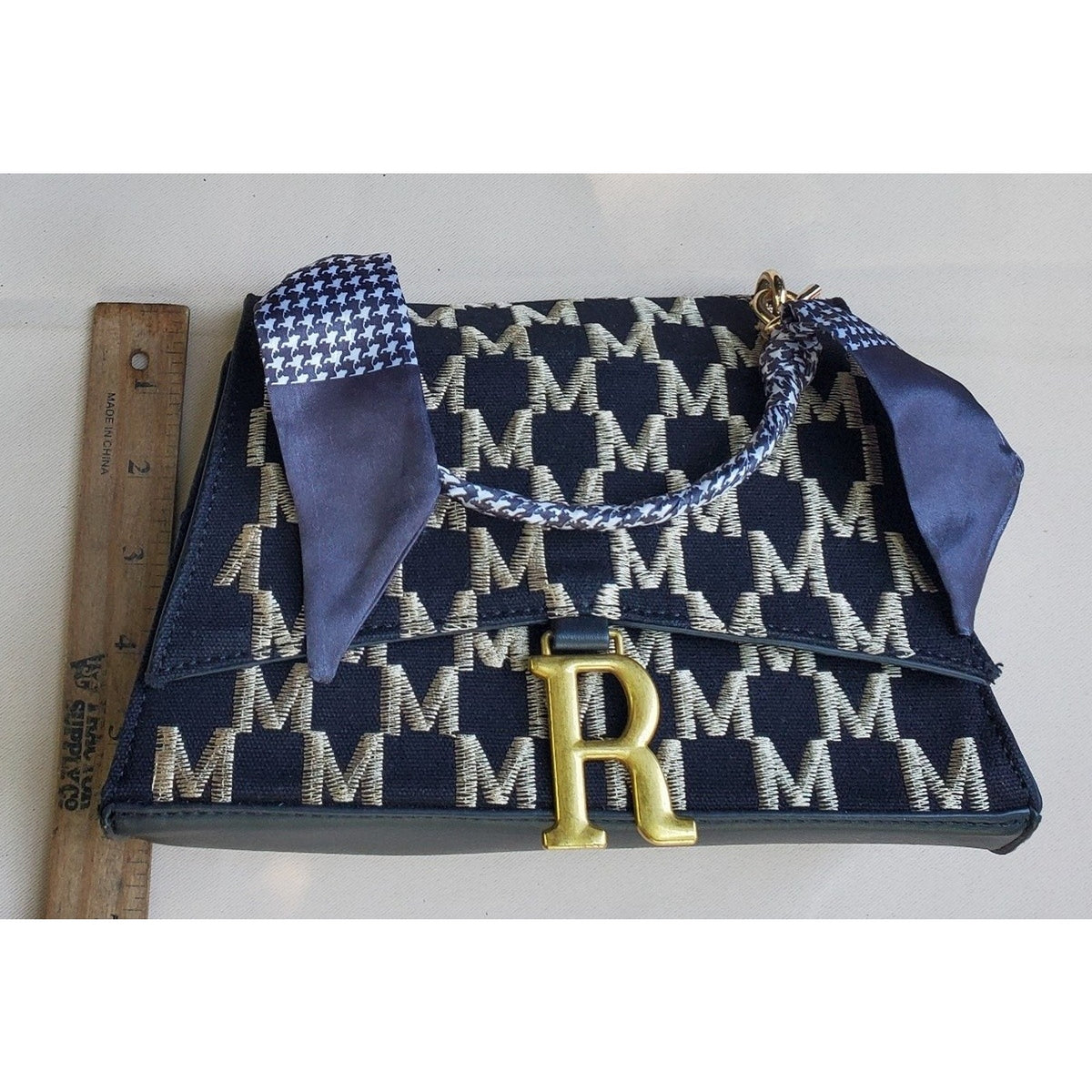Womens Handbag Satchel Monogram Pattern R Hardware Navy Gold Scarf Detachable