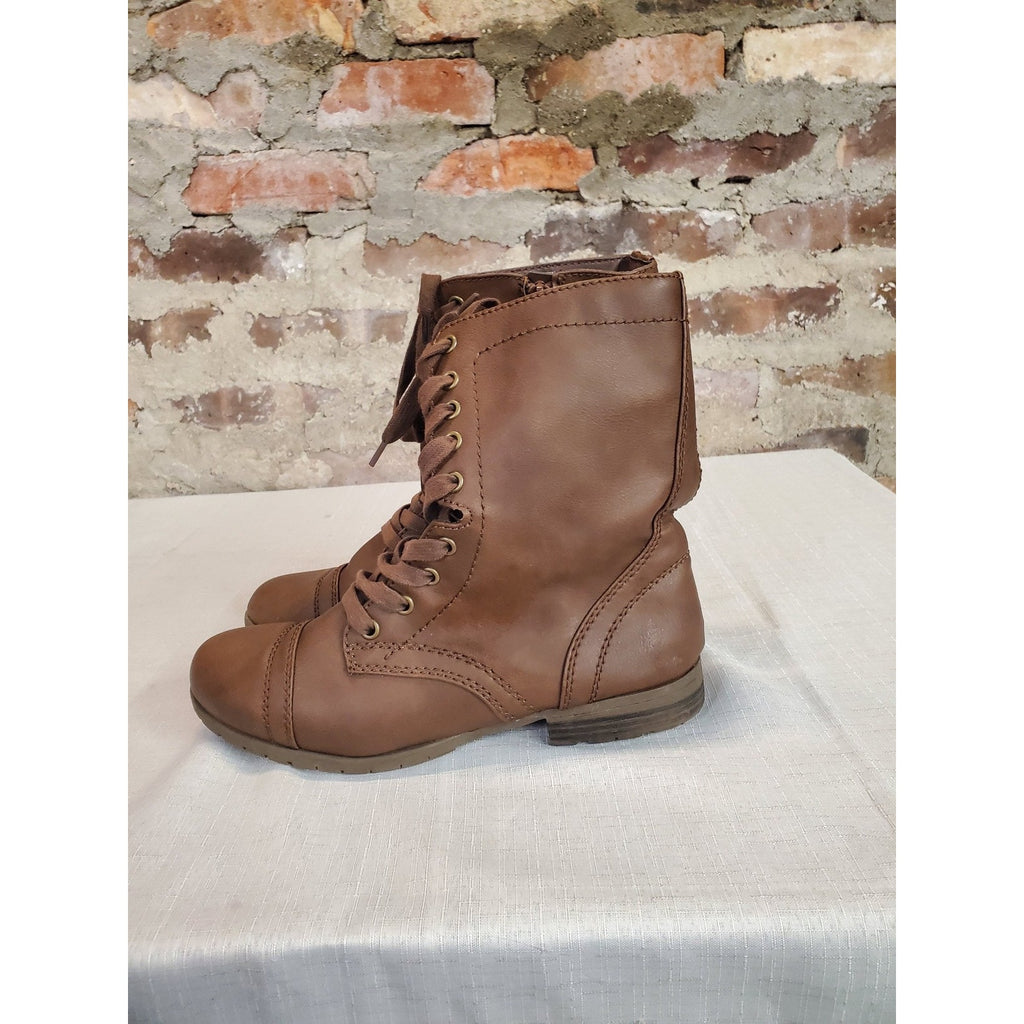 Time And Tru Womens Boots 8.5 Brown Lace Up Side Zip Cap Toe Combat Synthetic