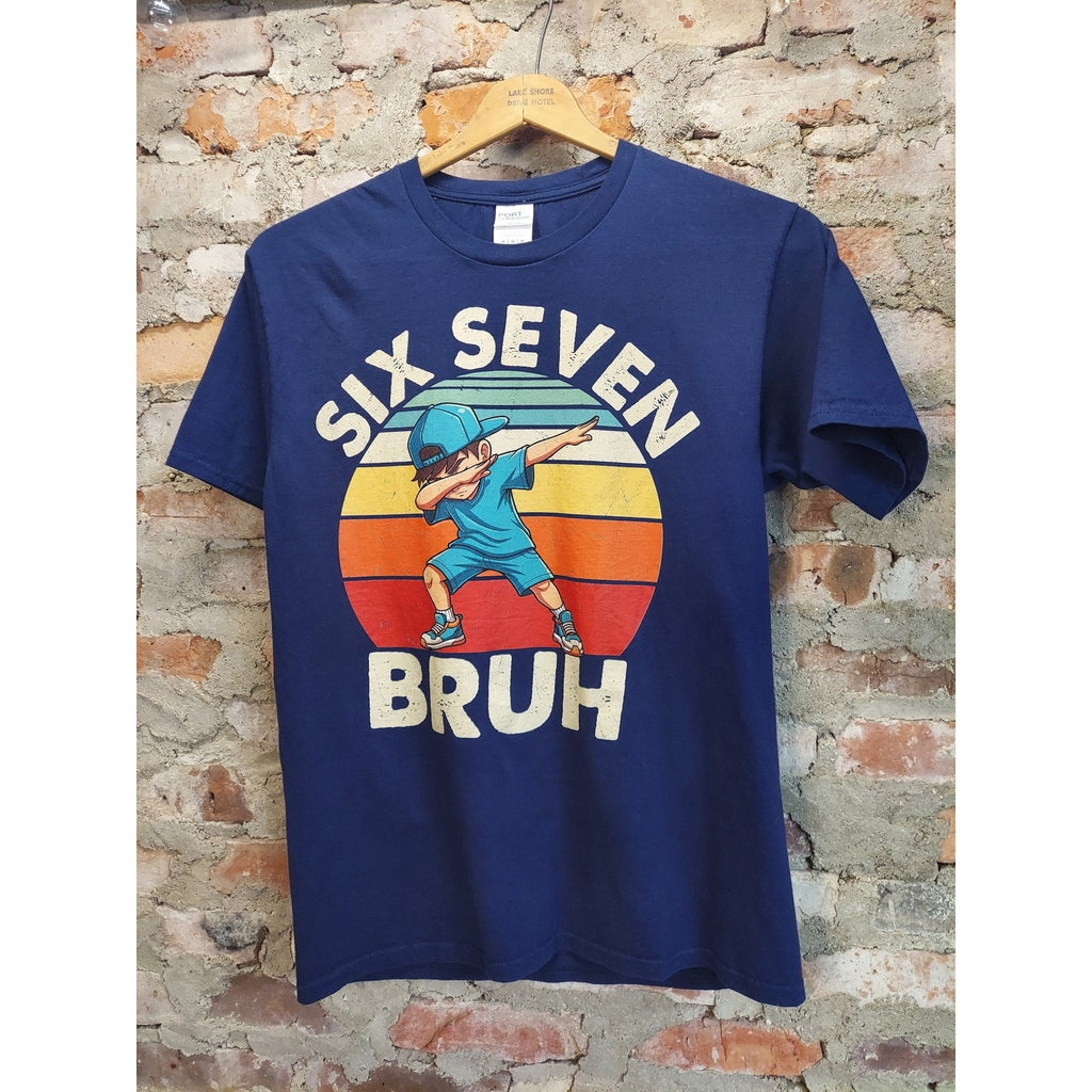Port Company mens sz M 67 T Shirt Six Seven Bruh Dabbing Kid Graphic Navy Blue