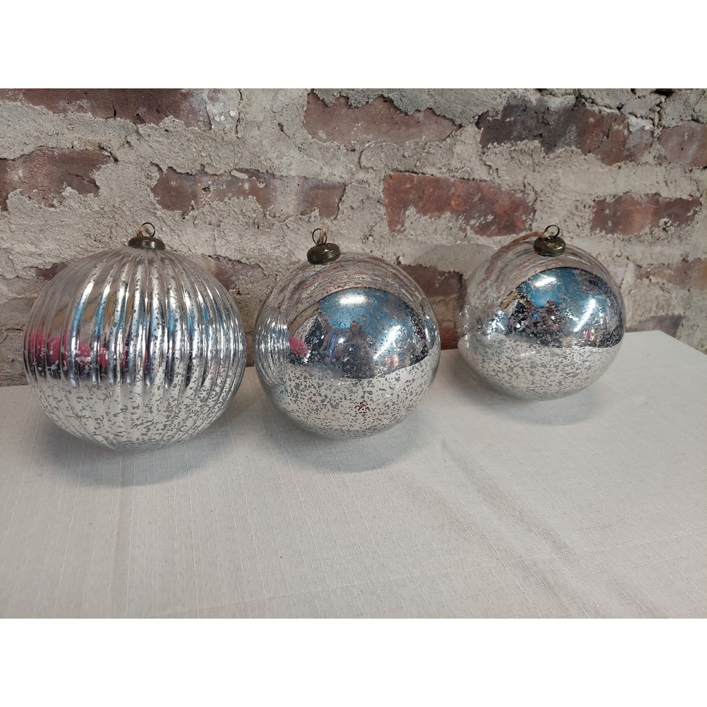 Christmas Ornaments Faux Mercury Glass Vintage Set of 3 Silver Ribbed 6 Inch