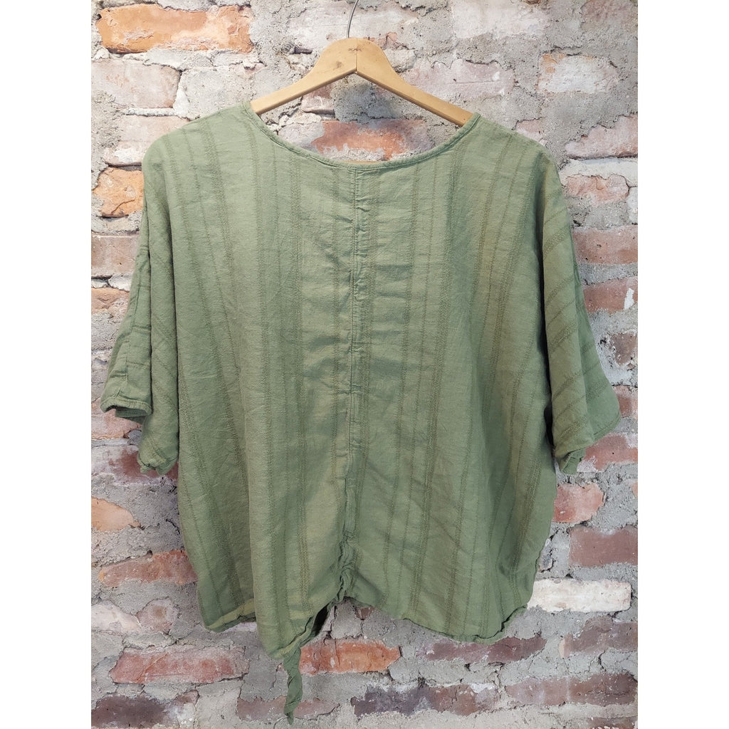 Time & Tru Womens Top XXL 20 Olive Green Short Sleeve Tie Front Striped Linen