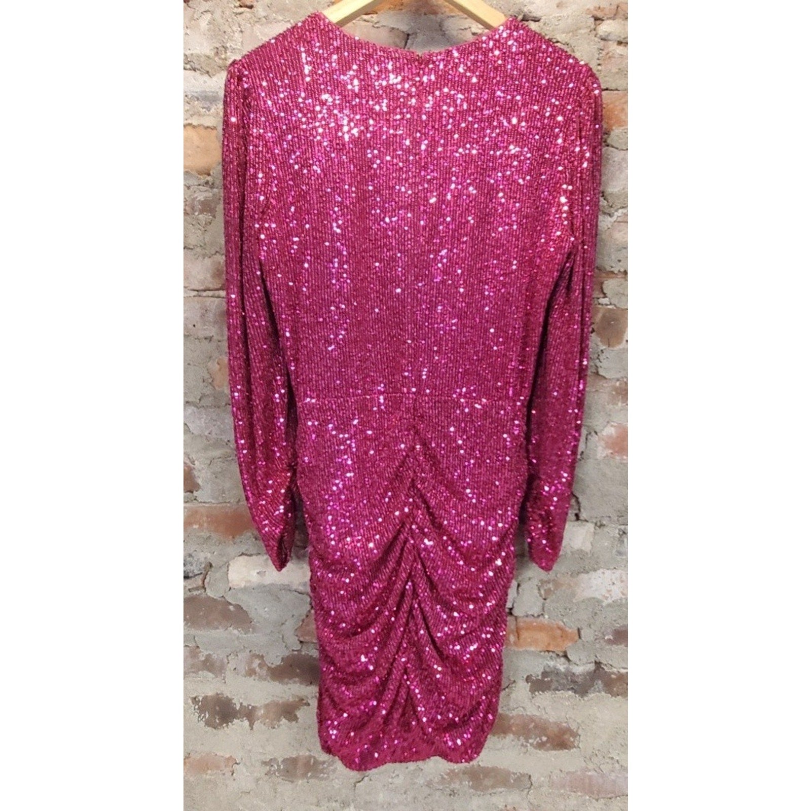 Parker Womens Fuchsia Sequin Mini Dress Size 8 Long Sleeve V Neck Ruched Bodycon