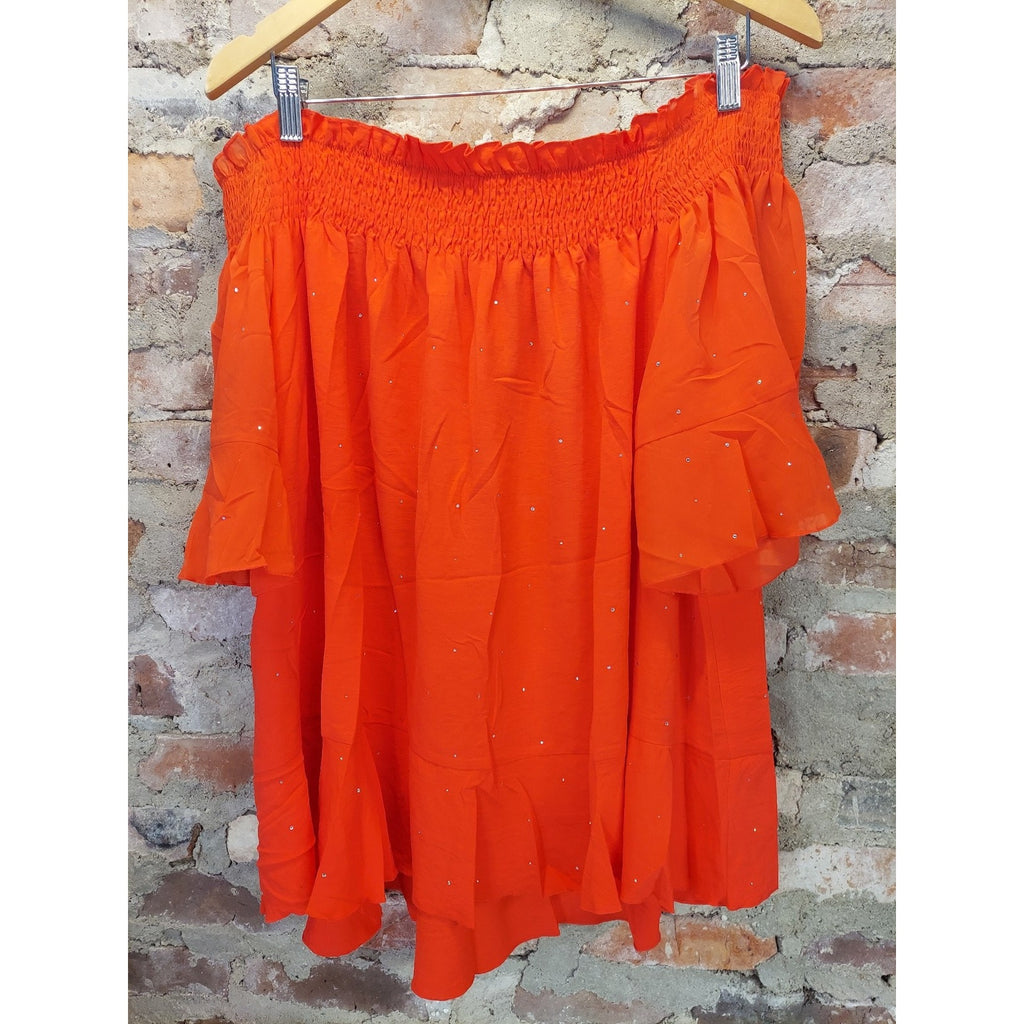 SCOMCHIC Womens Off Shoulder Blouse 3XL Orange Smocked Neck Flutter Sleeve