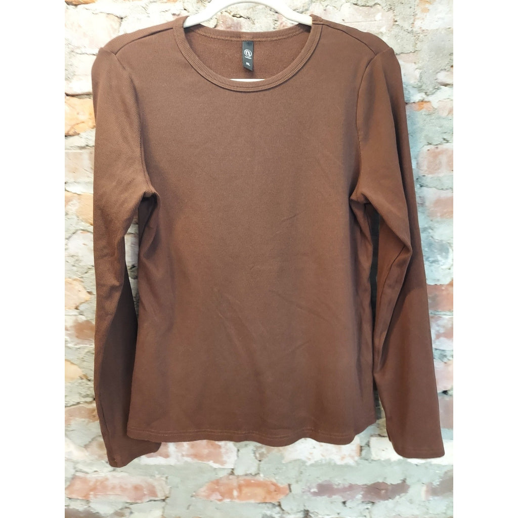 AUTONEY Womens Long Sleeve Shirt XL Brown Ribbed Crewneck Basic Top