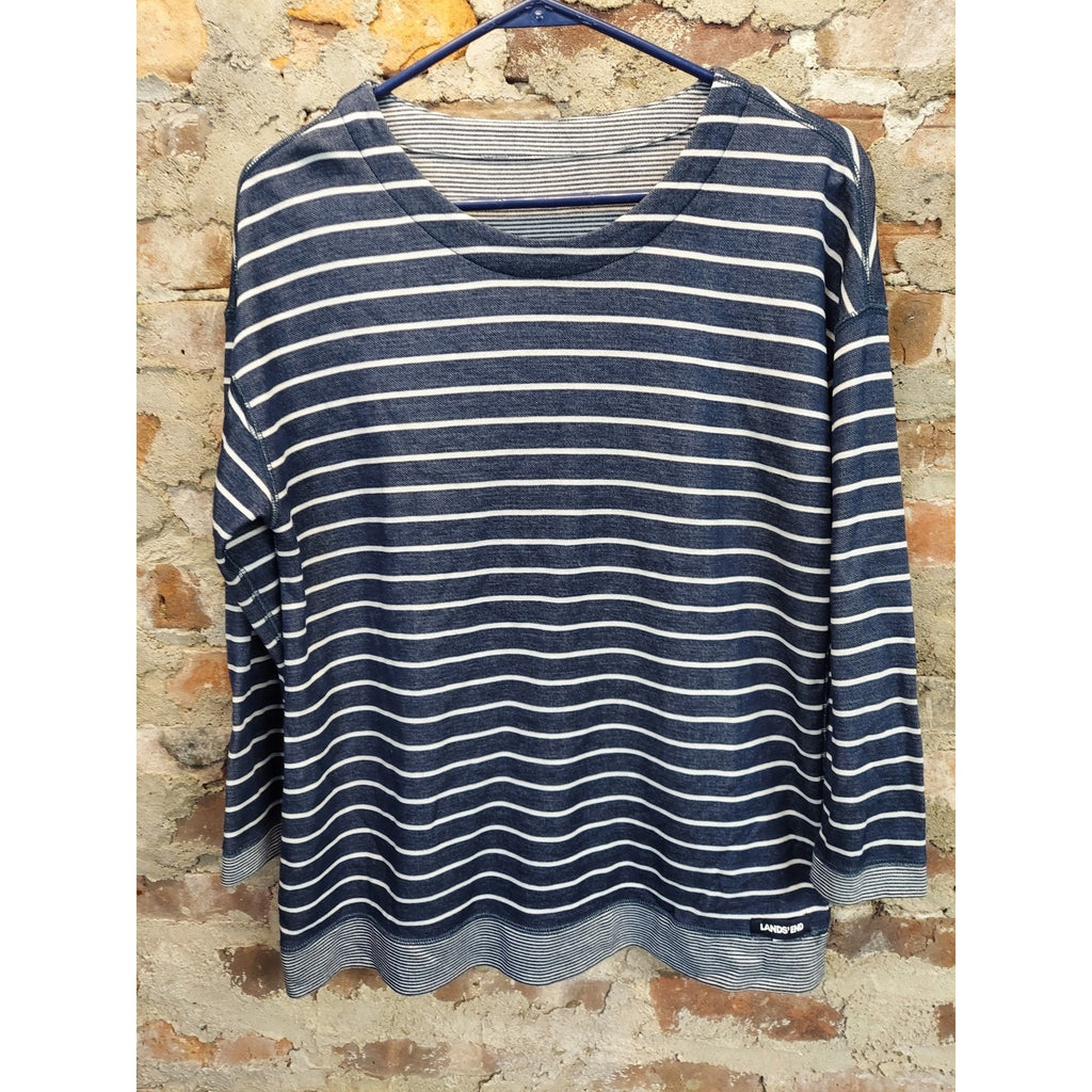 Lands End Pullover Sweater Navy White Striped 3/4 Sleeve Boat Neck Knit