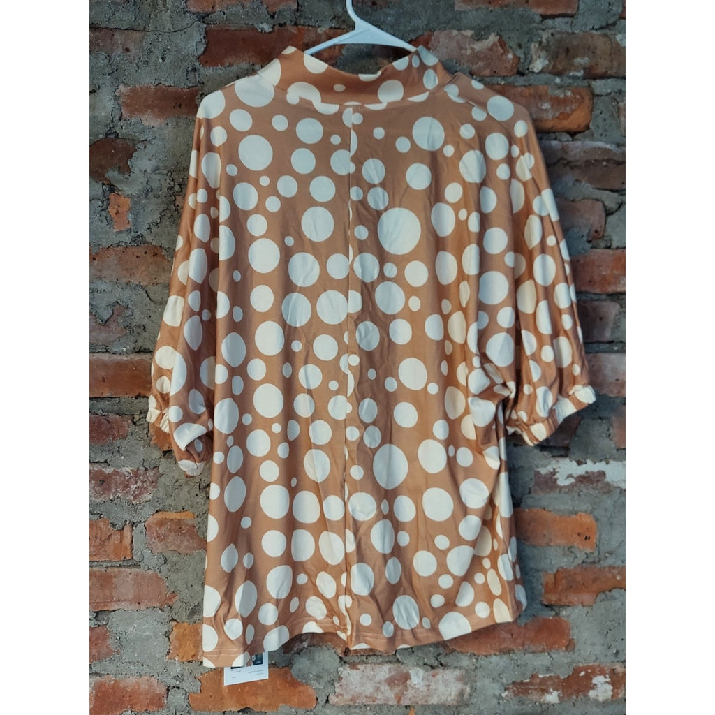 SAMEFAR Womens Blouse XL Tan White Polka Dot V Neck Dolman Sleeve Polyester