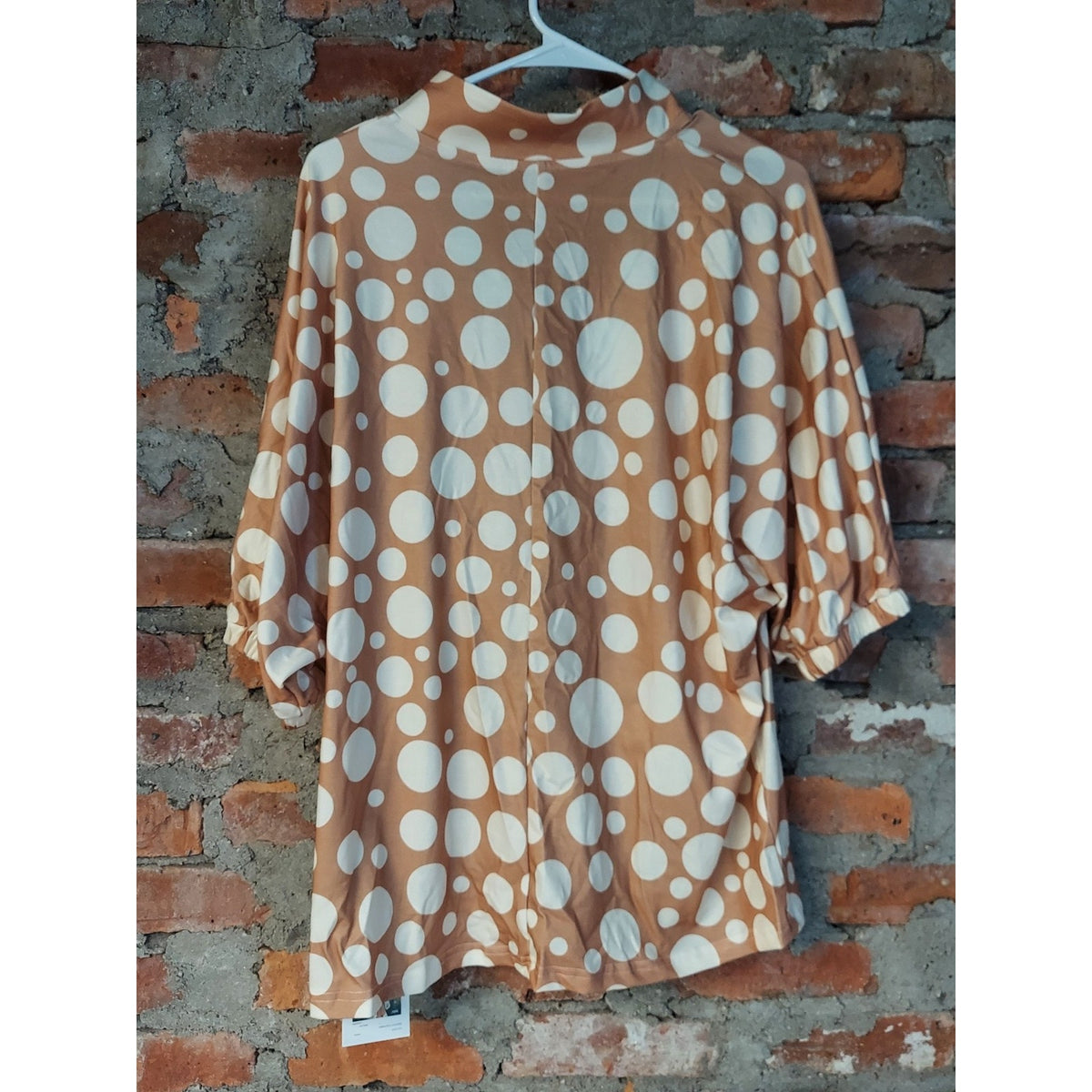 SAMEFAR Womens Blouse XL Tan White Polka Dot V Neck Dolman Sleeve Polyester
