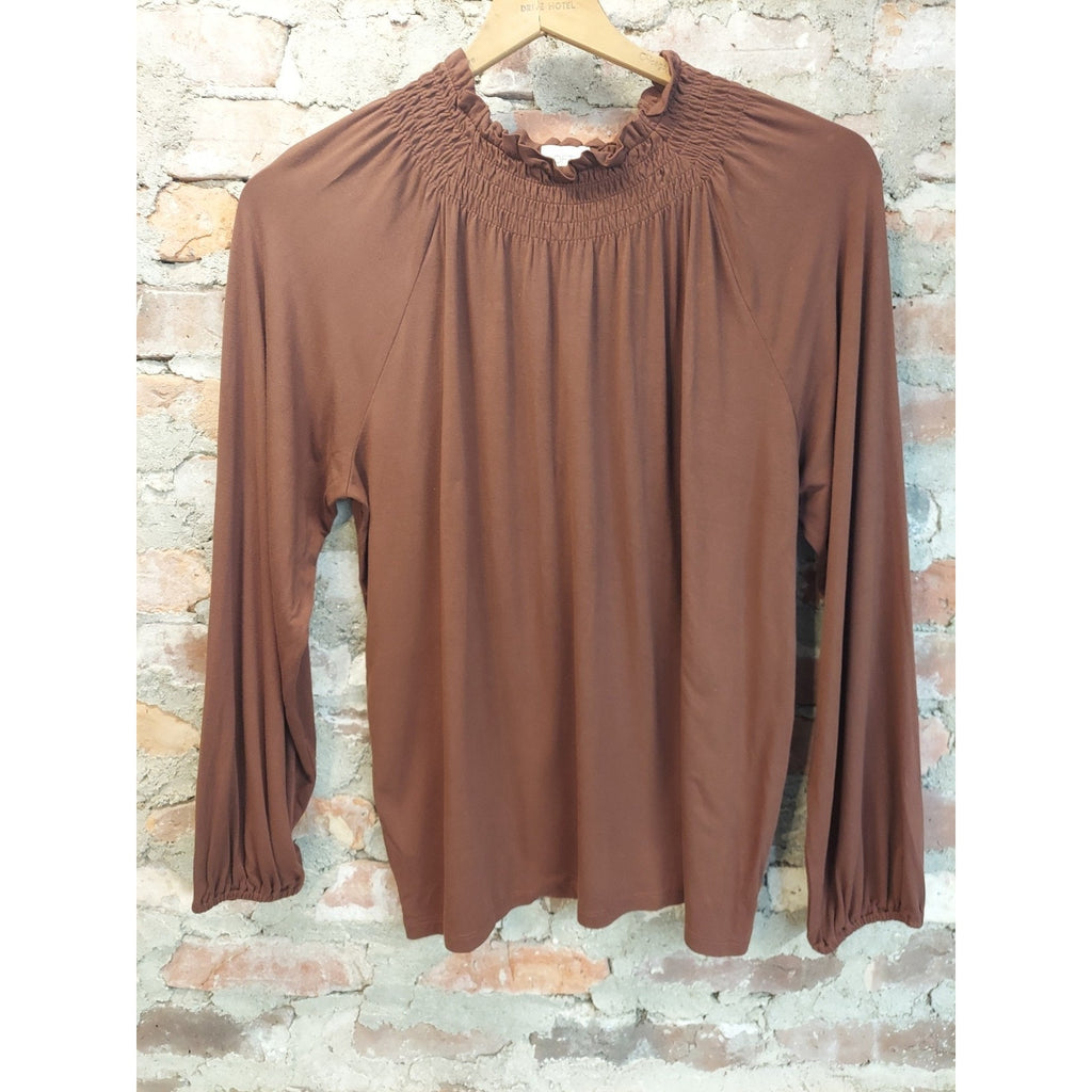 LOFT Outlet Womens L Brown Ruffle Smocked Neck Long Sleeve Pullover Blouse