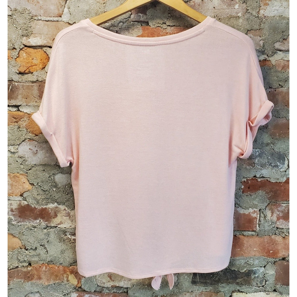 So Womens Tie Front T Shirt M Pink Cuffed Short Sleeve Rayon Blend