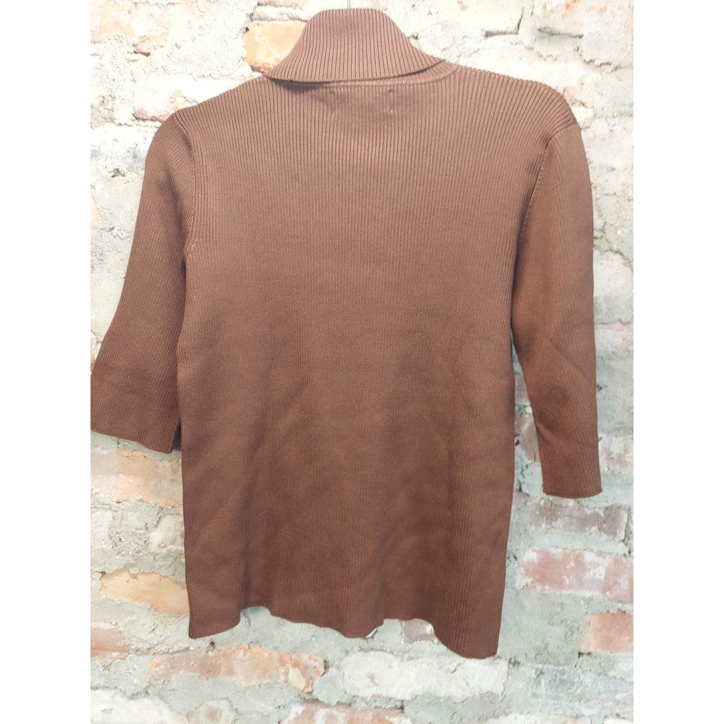 Lauren Ralph Lauren Womens Turtleneck Sweater M Brown Ribbed 3/4 Sleeve Silk