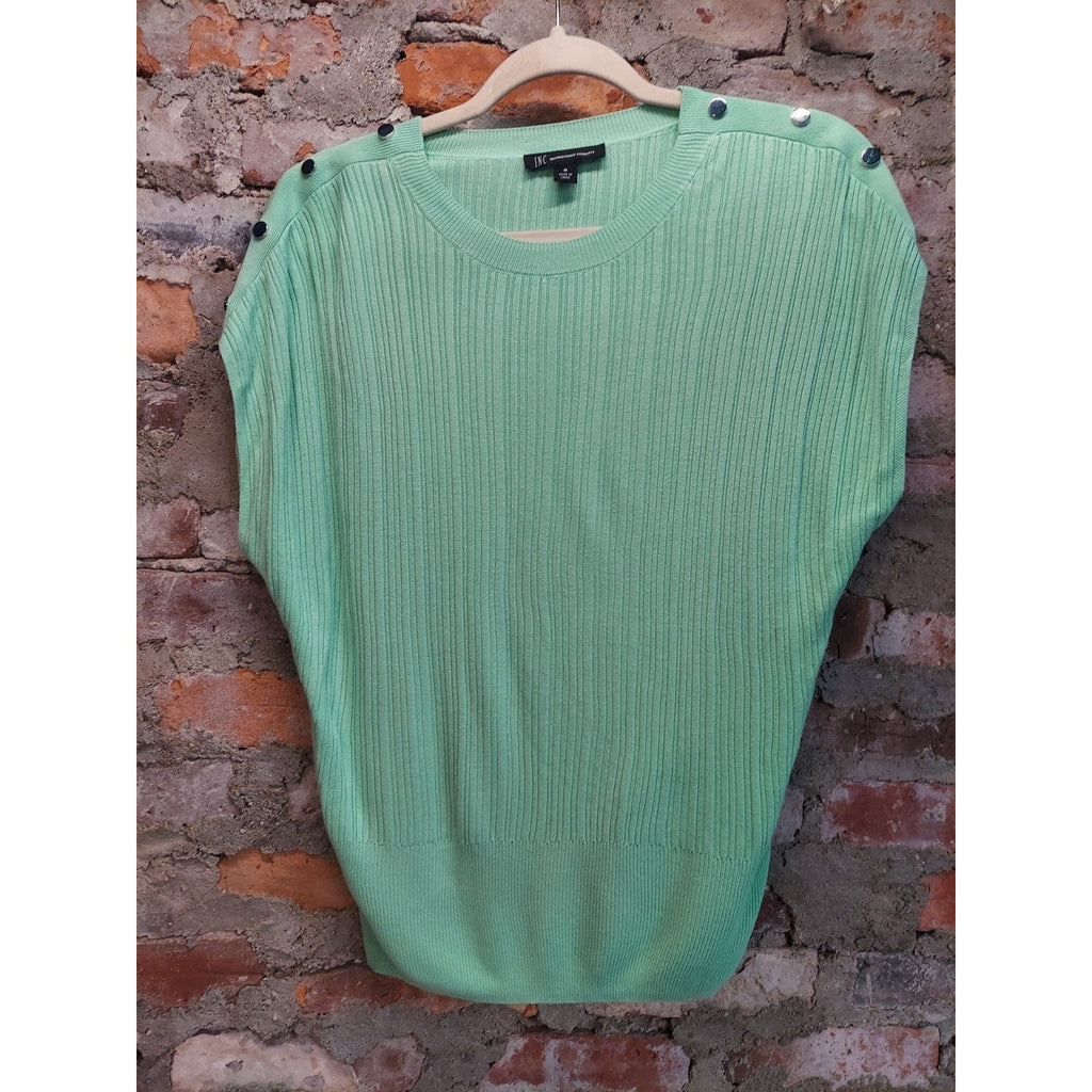 INC Womens Ribbed Knit Top M Mint Green Cap Sleeve Pullover Sweater Shoulder