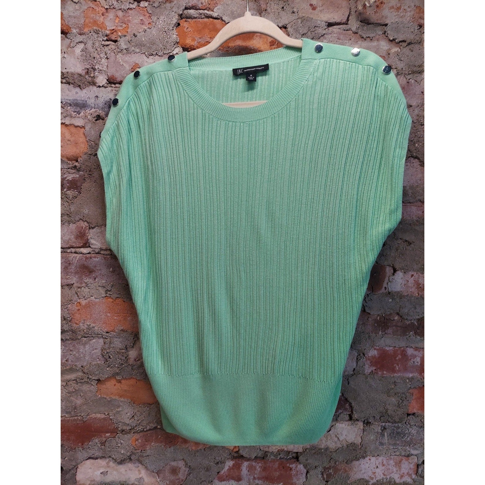 INC Womens Ribbed Knit Top M Mint Green Cap Sleeve Pullover Sweater Shoulder