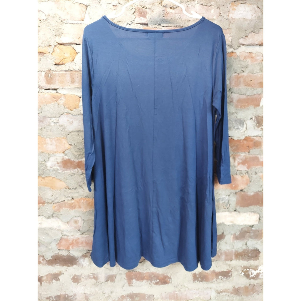 Veranee Womens Swing Tunic Top M Blue 3/4 Sleeve Scoop Neck Flowy Casual