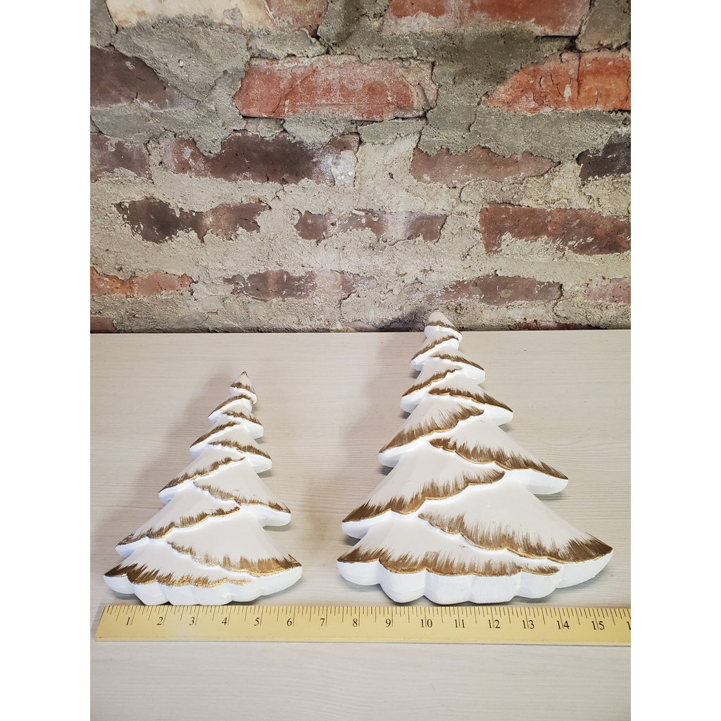 Christmas Trees Set 2 White Gold Wood Tiered Tabletop Holiday Decor Farmhouse