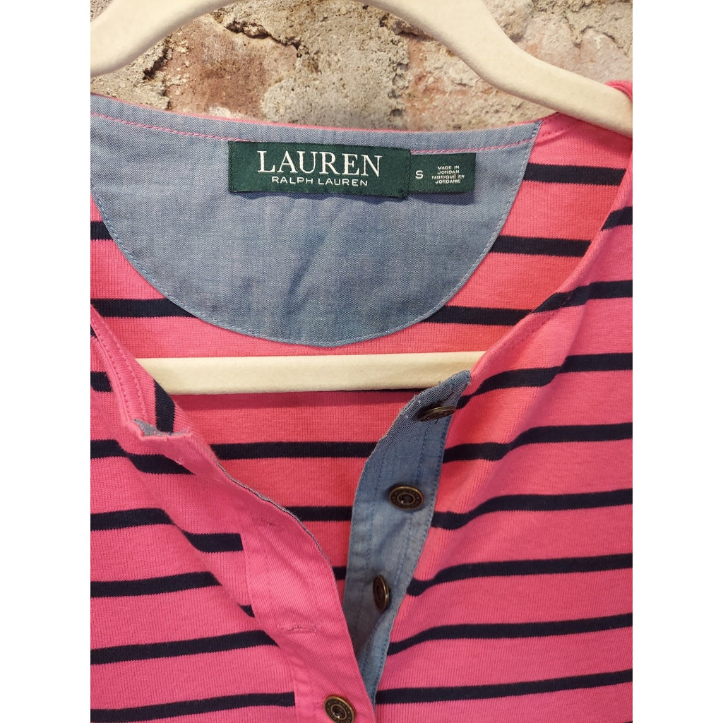LAUREN RALPH Womens Henley Top Striped 3/4 Sleeve Denim Collar S Pink Navy