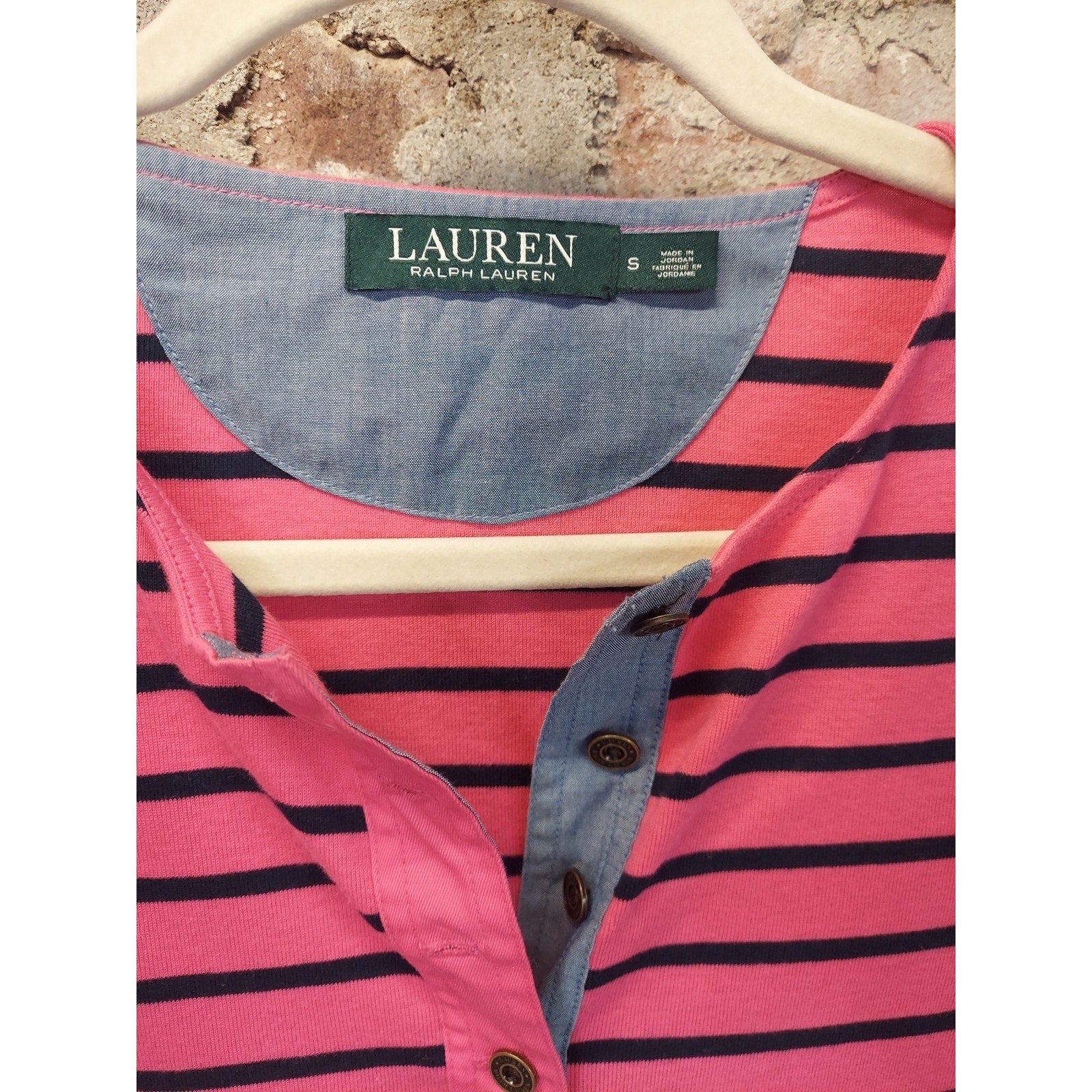 LAUREN RALPH Womens Henley Top Striped 3/4 Sleeve Denim Collar S Pink Navy