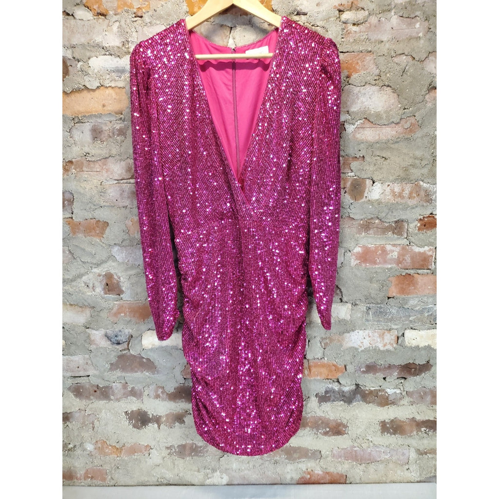Parker Womens Fuchsia Sequin Mini Dress Size 8 Long Sleeve V Neck Ruched Bodycon