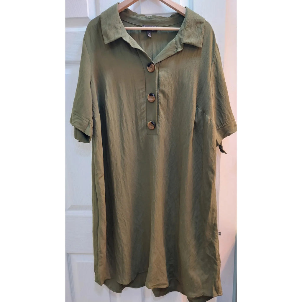 Luxology Womens Plus Shirtdress Size 2X Olive Green Collared Button Up