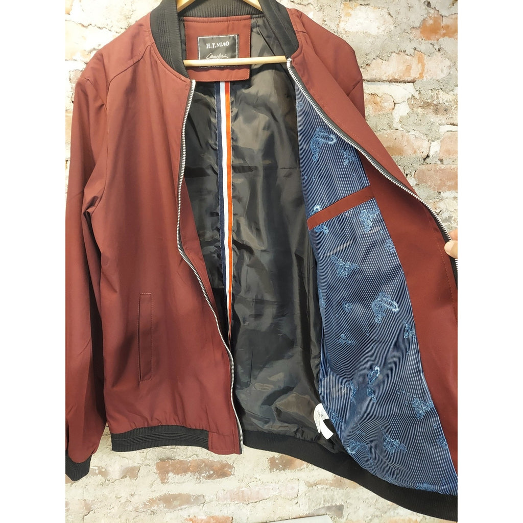 SHEIN Mens Bomber Jacket Size XXL Maroon Full Zip Ribbed Collar Arm Pocket