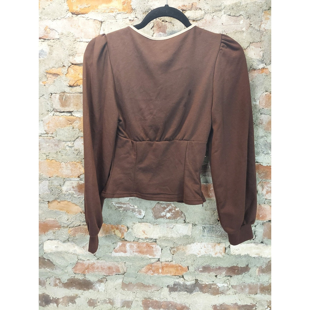SHEIN MOD Womens Cutout Tie Front Top XS Brown Cream Long Sleeve V Neck