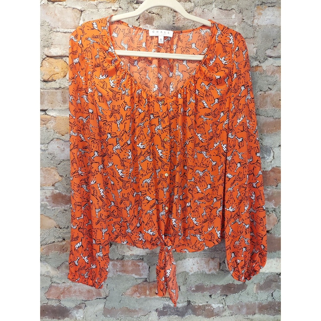 CHAUS Womens Blouse XL Orange Giraffe Print Long Sleeve Tie Front Scoop Neck