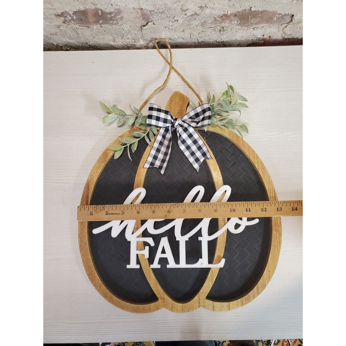 Hello Fall Pumpkin Door Hanger Autumn Decor Farmhouse Rustic Wood Gingham Bow 12