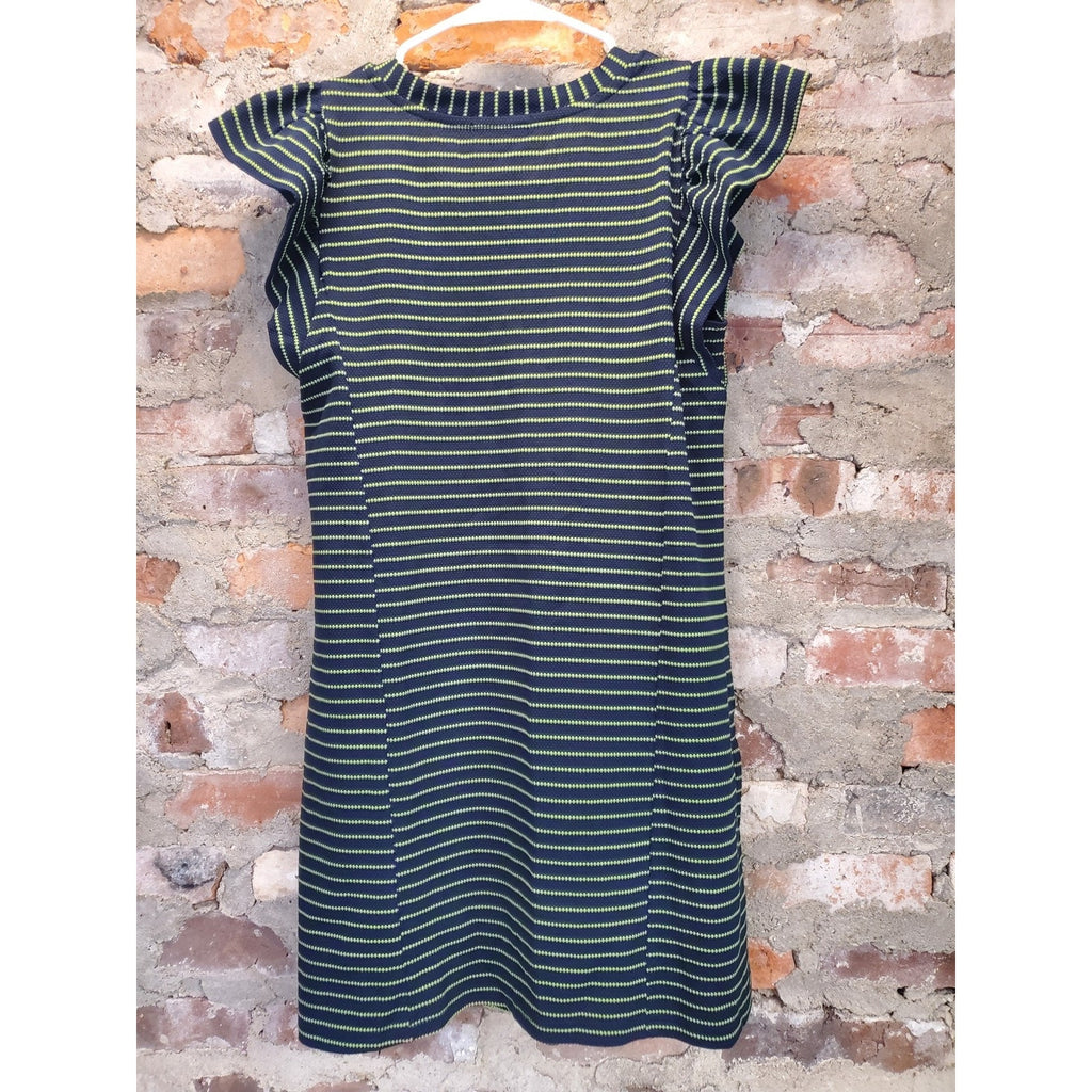 MIEAZOM Womens Dress Small Navy Lime Green Stripe Ruffle Sleeve V Neck Pockets