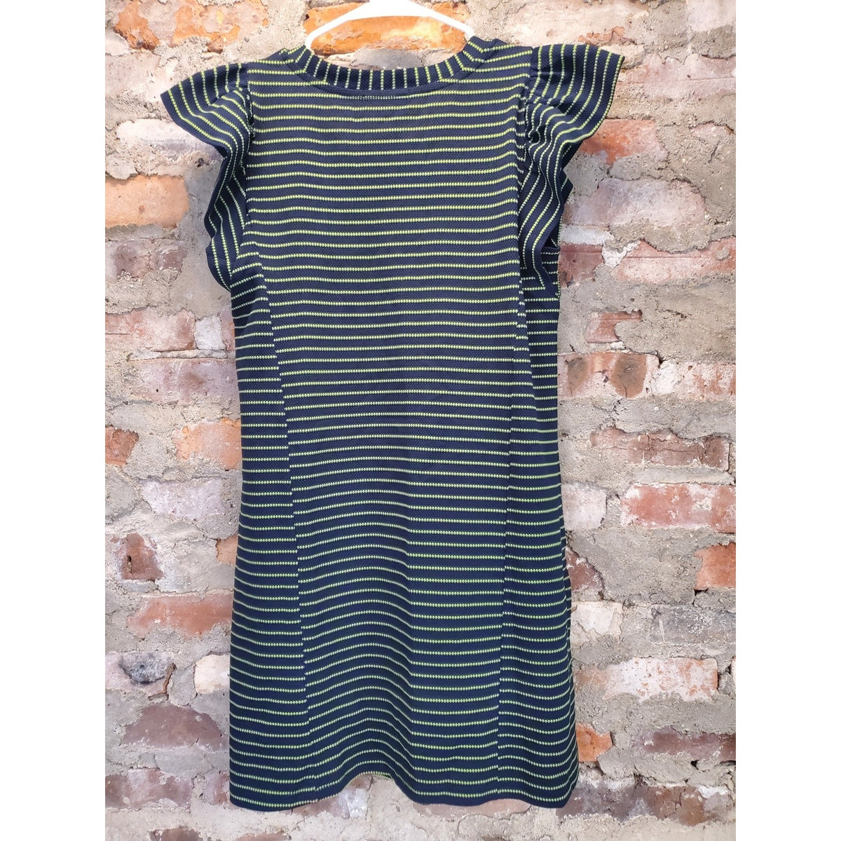 MIEAZOM Womens Dress Small Navy Lime Green Stripe Ruffle Sleeve V Neck Pockets