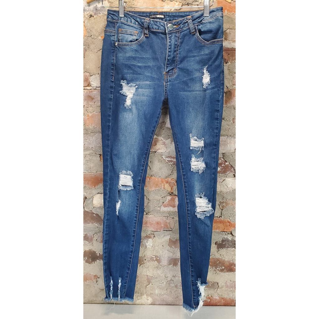 FASHION NOVA Womens Distressed Skinny Jeans Size 7 29 Dark Wash Raw Hem Cotton