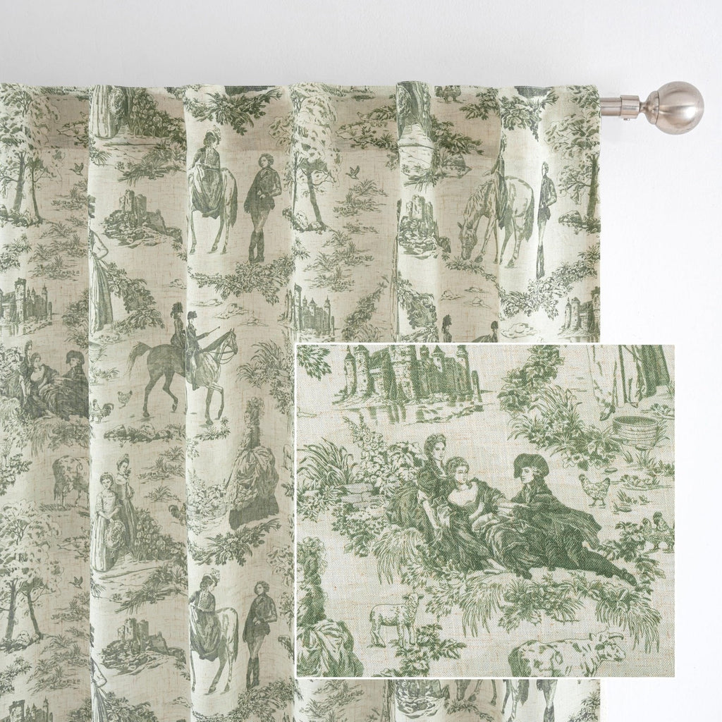 Drift Away Toile Curtain Panel 52x84 Loden Green Linen Blend Back Tab
