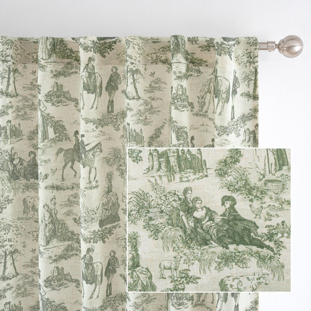 Drift Away Toile Curtain Panel 52x84 Loden Green Linen Blend Back Tab