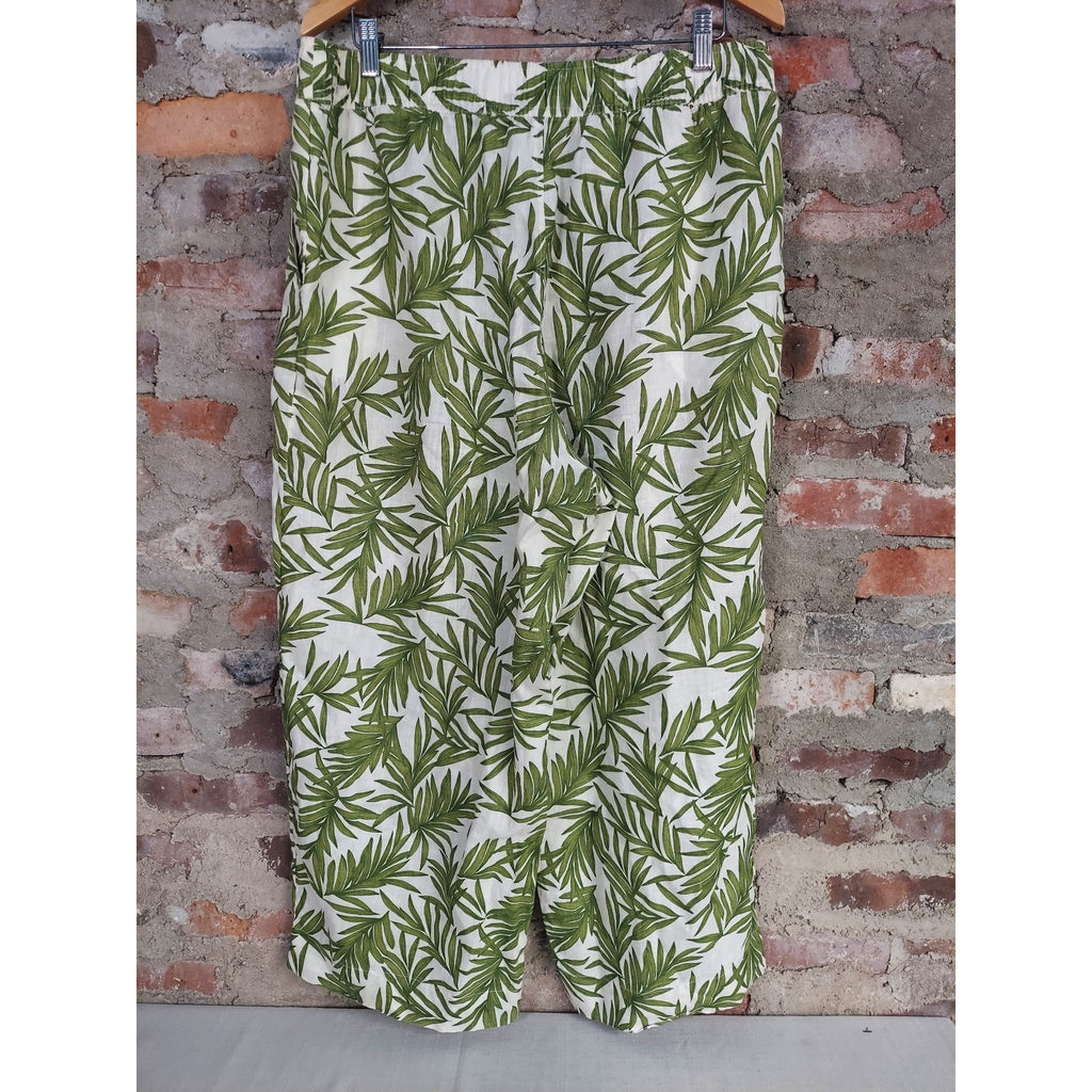 Nicole Miller New York Womens Wide Leg Linen Pants XL Green White Tropical Leaf