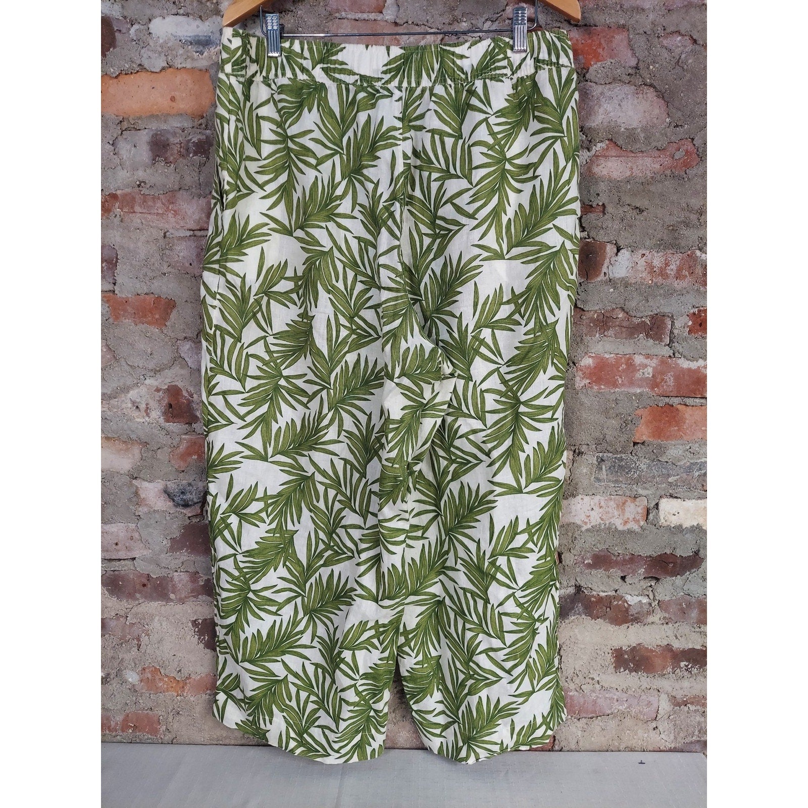 Nicole Miller New York Womens Wide Leg Linen Pants XL Green White Tropical Leaf