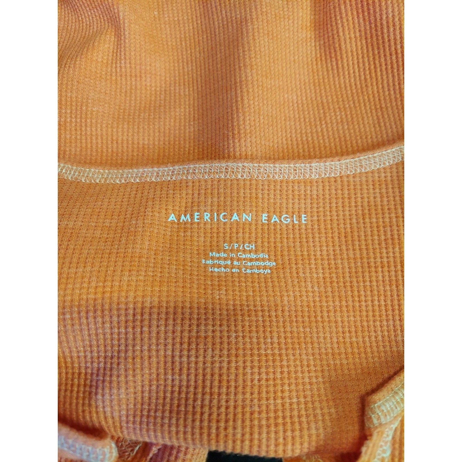 American Eagle Womens Long Sleeve Waffle Thermal V Neck Cropped Top S Orange