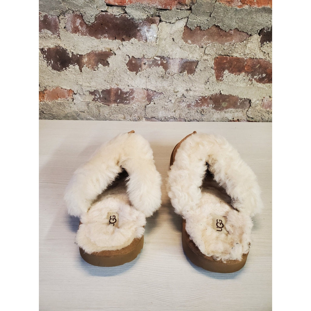 UGG Womens Sz 4 Suede Shearling Fur Lined Slip On Slippers Chestnut Cream