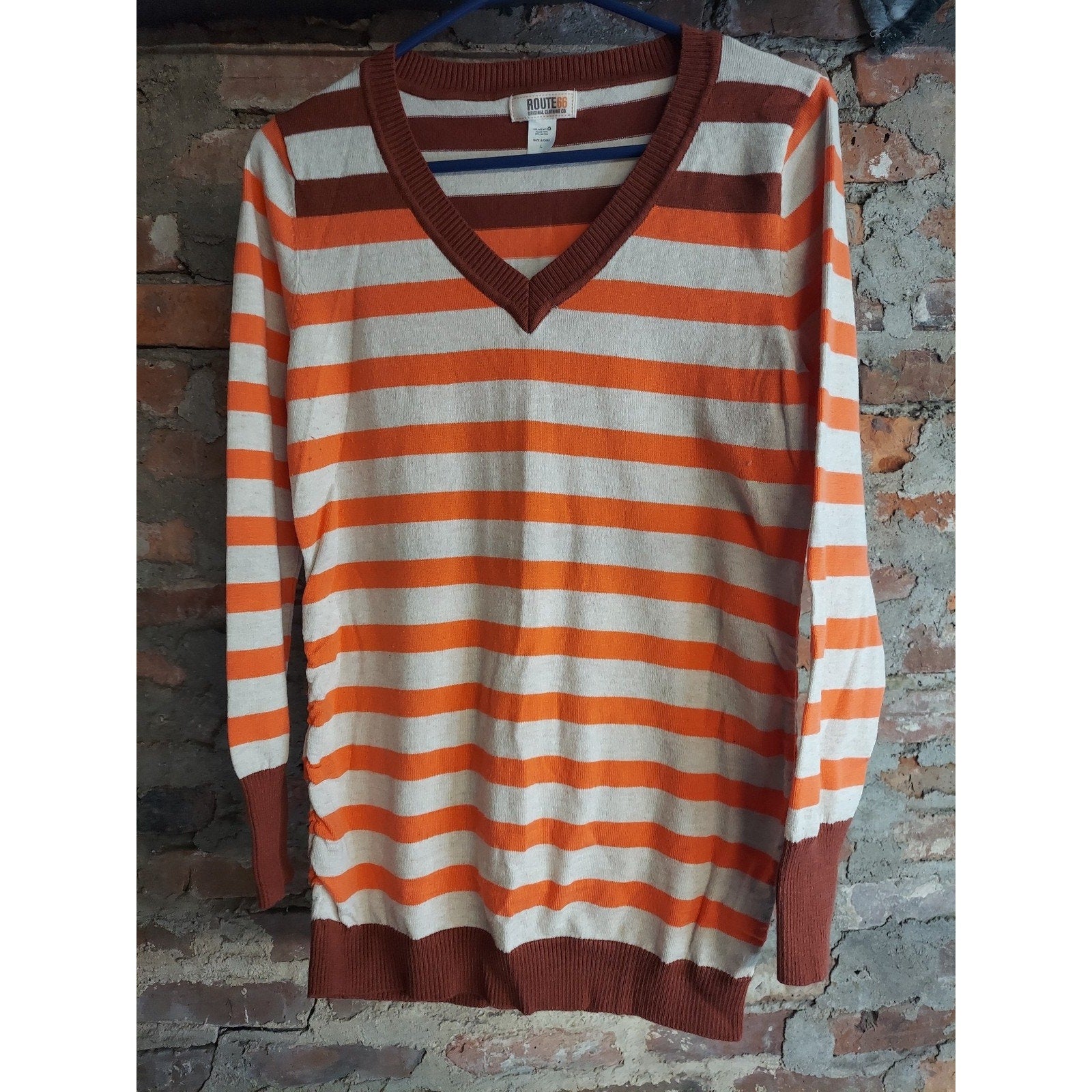 Route 66 Womens Orange Brown Beige Striped V Neck Long Sleeve Sweater L