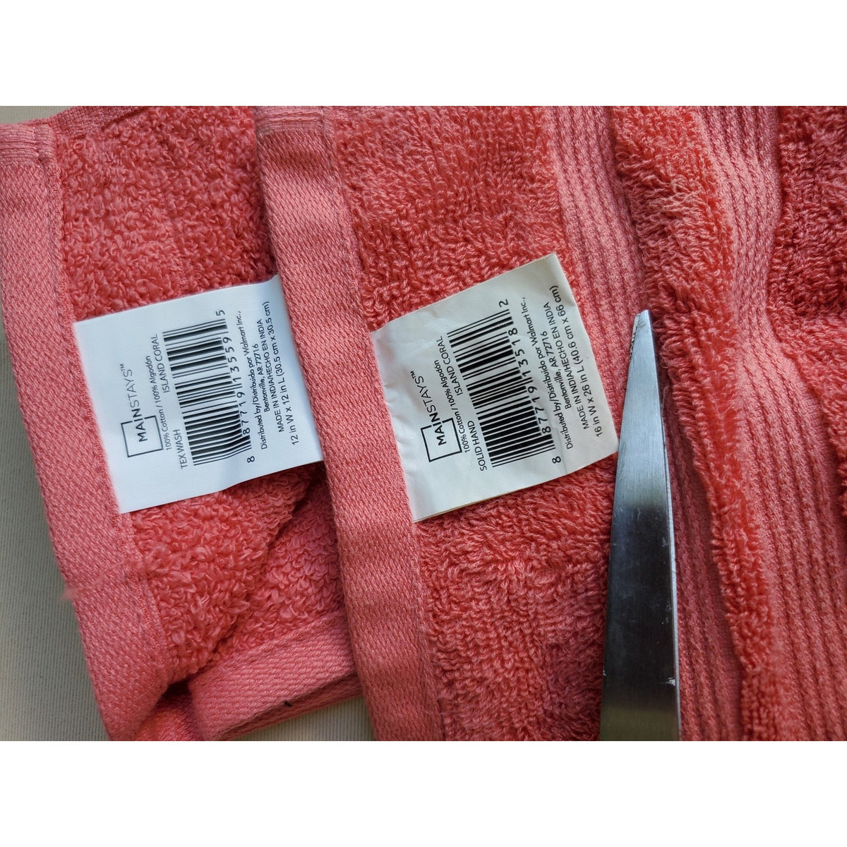 MAINSTAYS 2 Hand Towels & Washcloth Island Coral 100% Cotton Soft Absorbent Bath