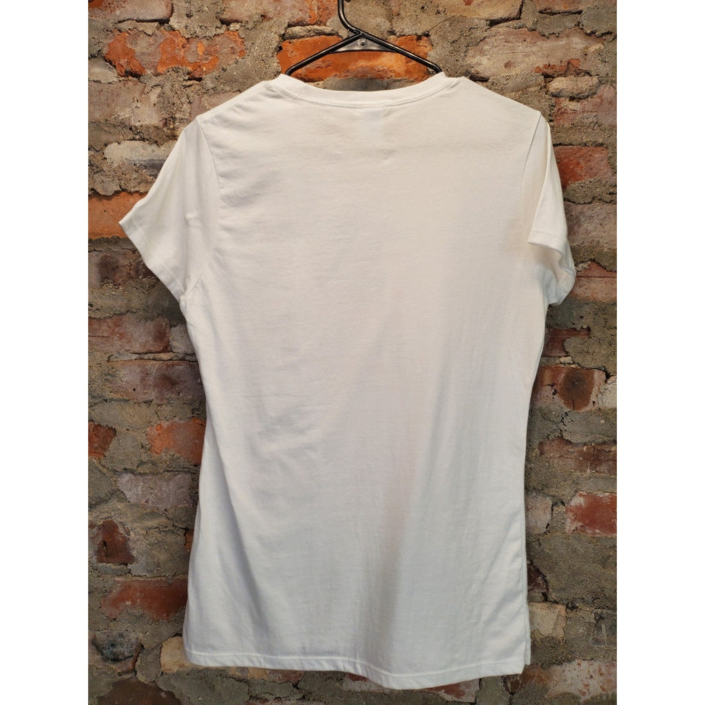 Womens Top Shirt Small White Abstract Graphic Print Short Sleeve