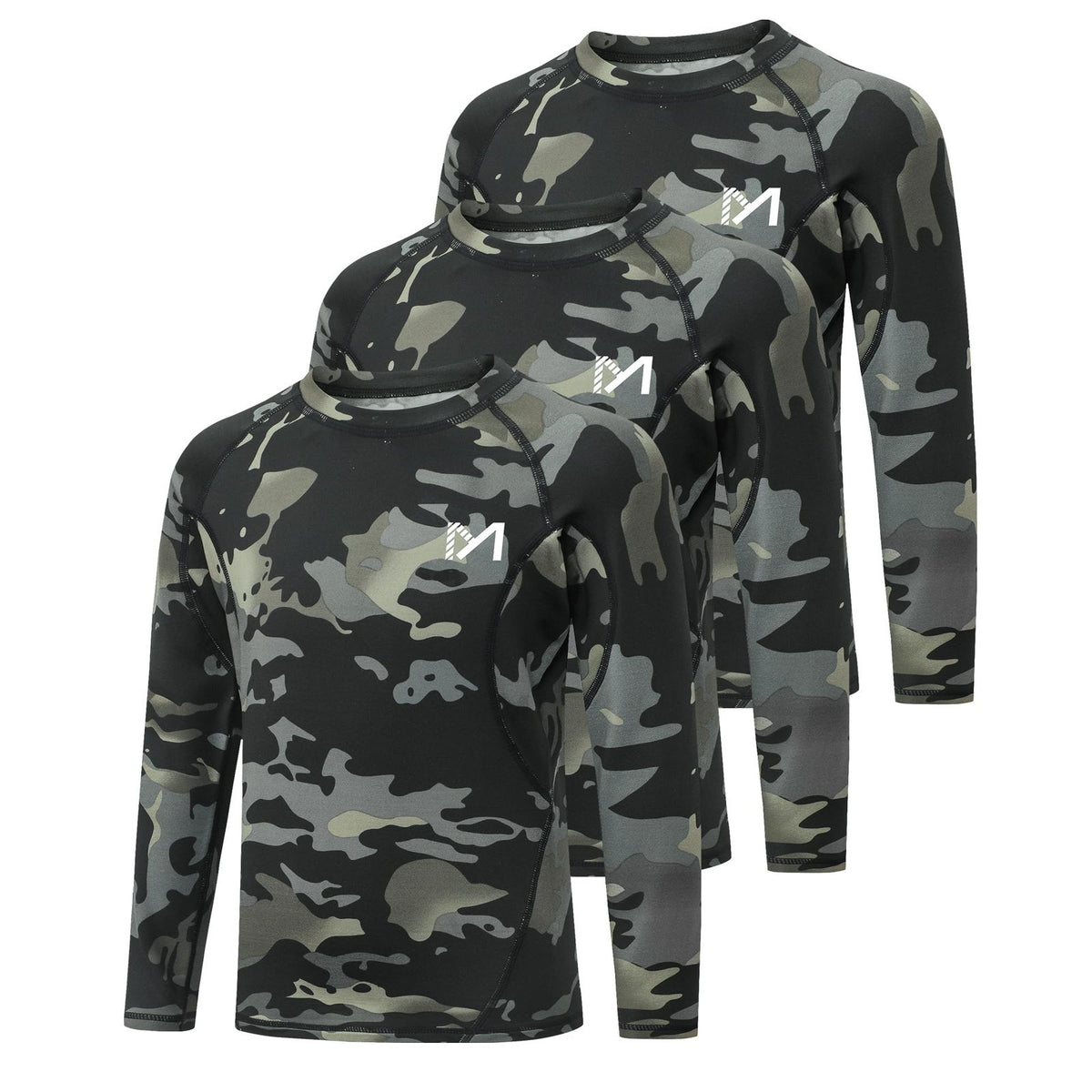 Boys Sz L Camo Athletic Long Sleeve Shirt L Quick Dry Compression 3 Pack