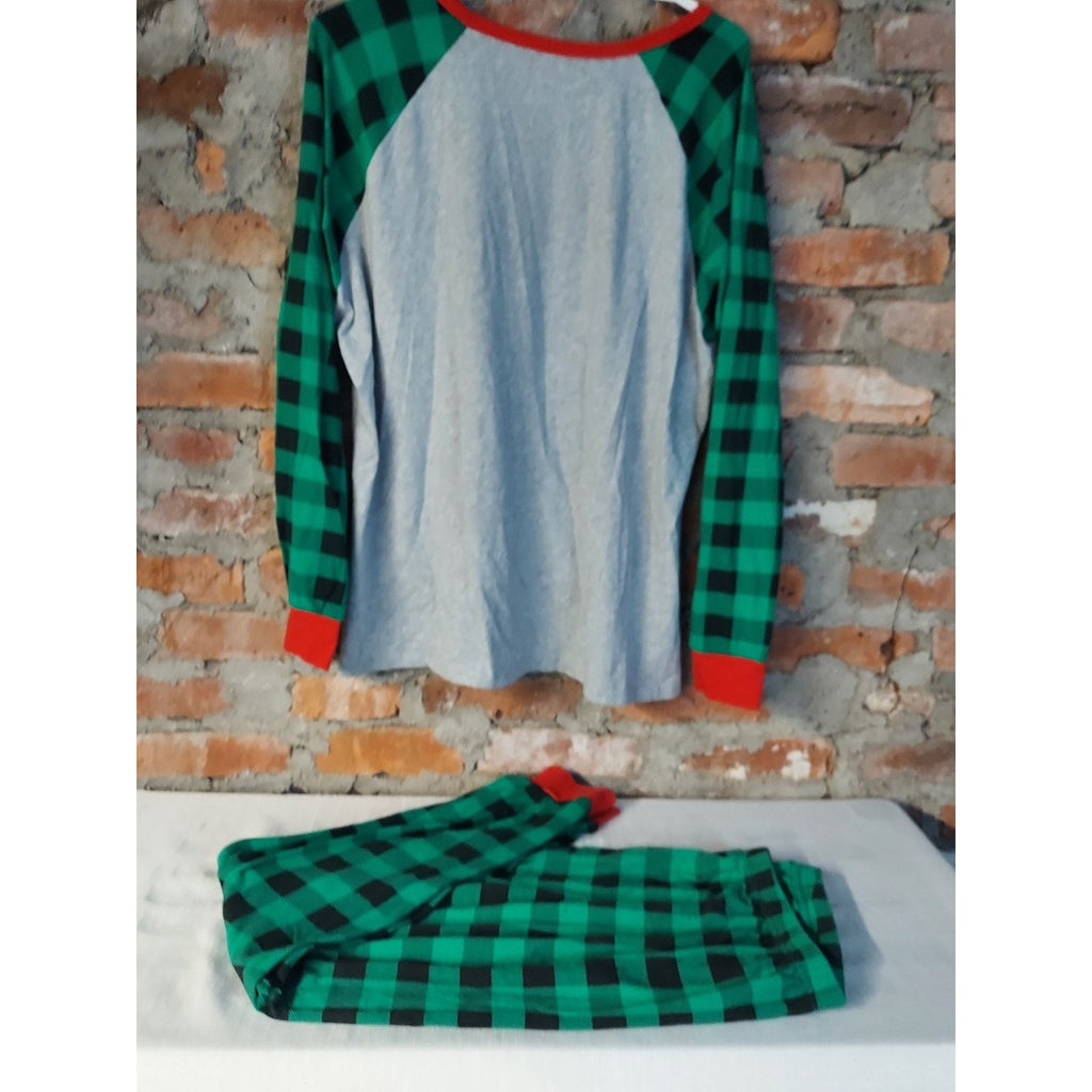 Christmas Pajama Set Mens XXL Green Plaid Gray Red Long Sleeve Pants Holiday