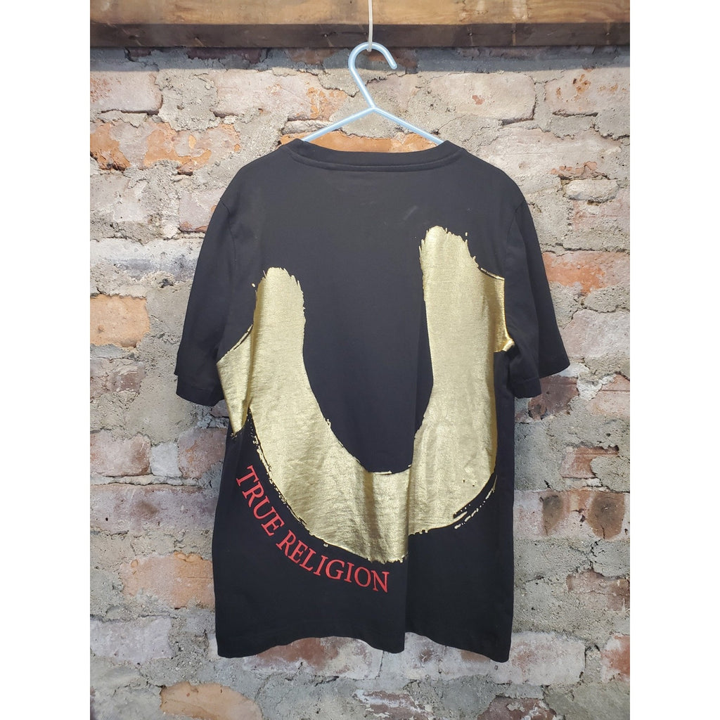 True Religion Boys T Shirt S 8 Black Gold Red Horseshoe Logo Graphic Tee