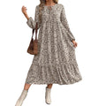 FimarSted Womens Long Dress S Khaki Floral Ruffle Hem Tie Neck Boho Casual