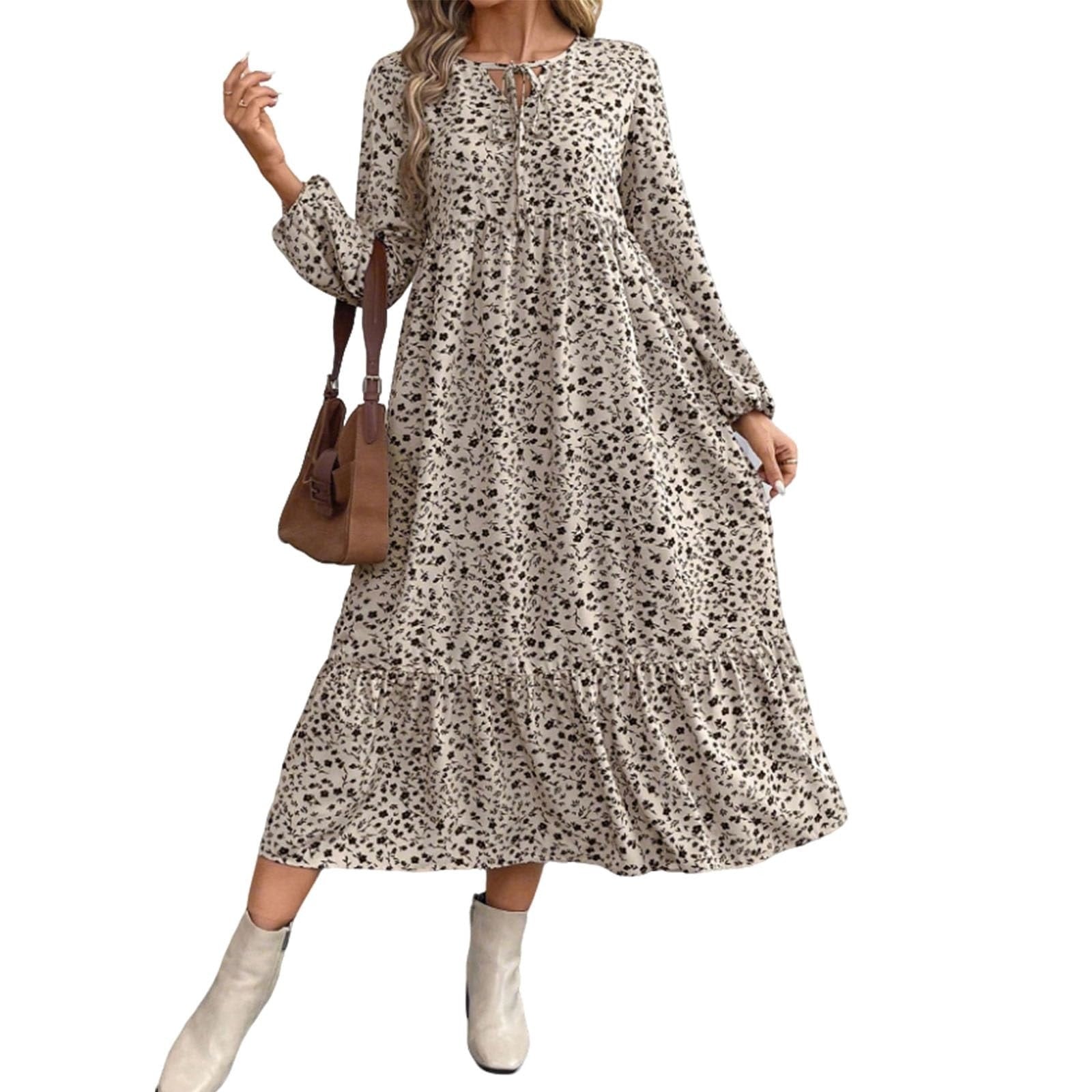 FimarSted Womens Long Dress S Khaki Floral Ruffle Hem Tie Neck Boho Casual