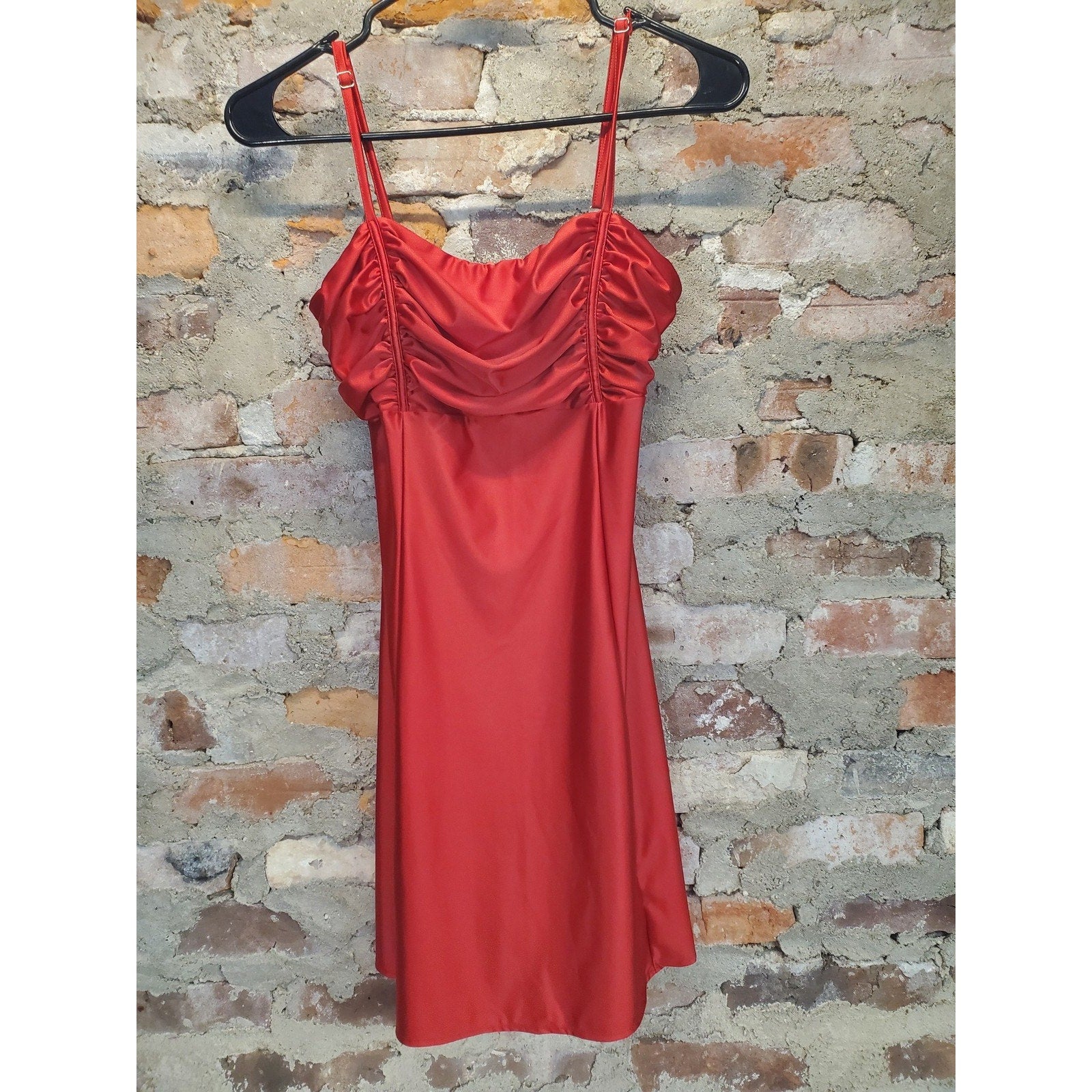 Womens Mini Dress S Red Ruched Spaghetti Strap Bodycon Cocktail Party