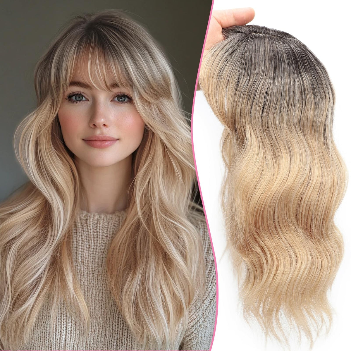 Women's Wiglet Hair Topper With Bangs Long Wavy Ombre Blonde 18 Inch