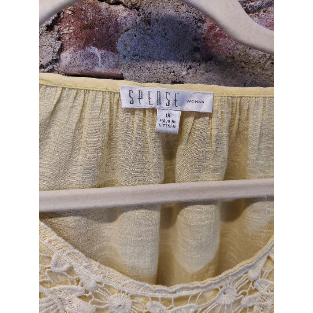 Spense Womens 1X Pale Yellow Peasant Blouse Crochet Lace V Neck Flutter Sleeve